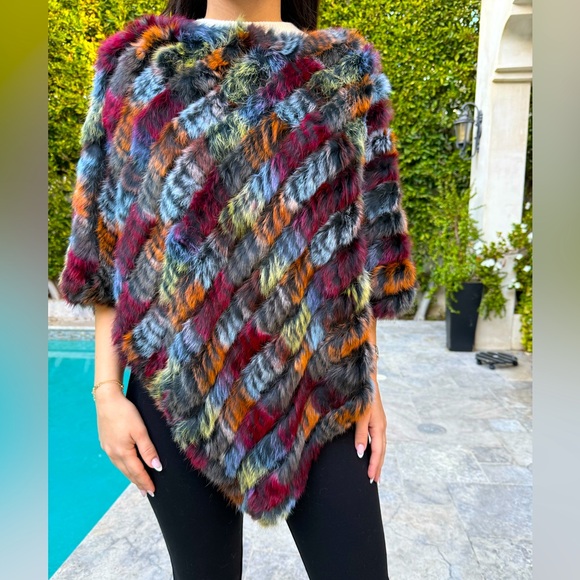 New Multicolor Rabbit Fur poncho - Picture 6 of 8
